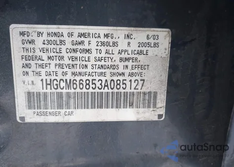 2003 Honda Accord Sdn Ex from USA, damaged, VIN 1HGCM66853A085127